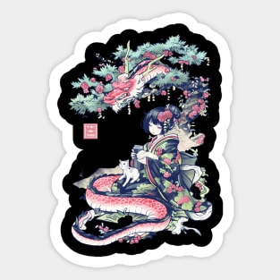 Japanese Girl With Dragon and Cats T-Shirt 06 Sticker